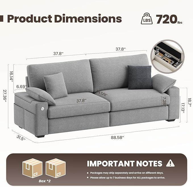 89" Loveseat Sofa, Cloud Foam Couch, 3 Seater Upholstered Midcentury Mondern Love Seat with USB Type C Ports, 4 Pillows and Flip-Open Storage Armrest for Living Room/Small Spaces, Grey