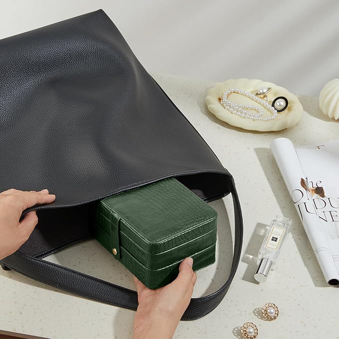 PU Leather Travel Jewelry Organizer Case for Women & Girls, 2-Layer Portable Jewelry Box for Earrings, Rings, Necklaces, Bracelets, Compact Jewelry Storage (Green)