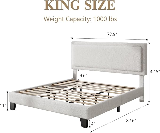 King Size Bed Frame with Adjustable Headboard, Boucle Cloud Platform Bed with Wood Slats, Mattress Foundation, No Box Spring Needed, Easy Assembly, Beige