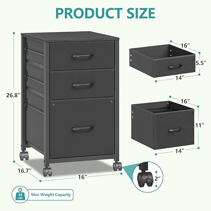 Raybee 3 Drawer File Cabinet Printer Stand Filing Cabinet Rolling File Cabinets for Home Office Fabric Vertical Office Storage Cabinet Fits A4, Legal, Letter Size, 16.7" D*16" W*26.8" H, Black