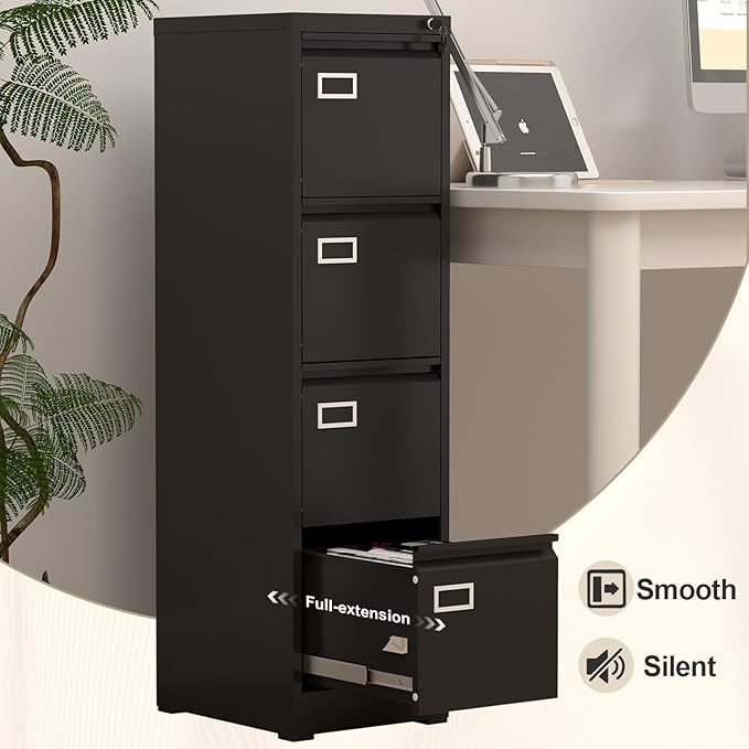 4 Drawer File Cabinet with Lock,Vertical Narrow Filing Cabinets for Home Office, Metal Black File Cabinet for A4 Legal/Letter Size