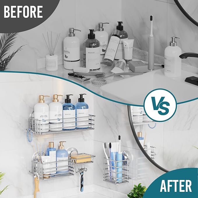 TAILI Shower Caddy Suction Cup, 3 Pack Shelves for Inside with Hooks & Soap Holder Toothbrush Cups, Removable Bathroom Organizer, Rustproof Black Holder Storage-Silver