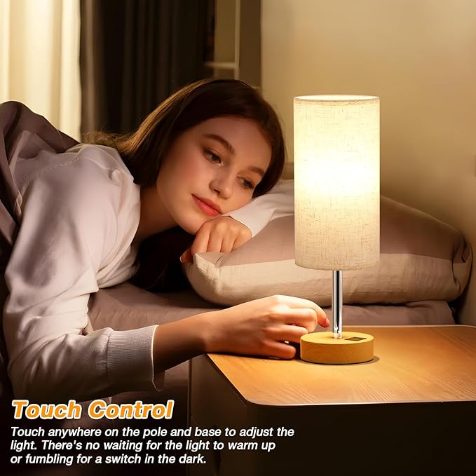 Touch Bedside Lamps Set of 2-3 Way Dimmable Table Lamps for Bedroom, Nightstand Lamp with Wooden Charging Station for Kids Room Dorm, Small Desk Lamp for Living Room, Office, Kids Room, Nursery