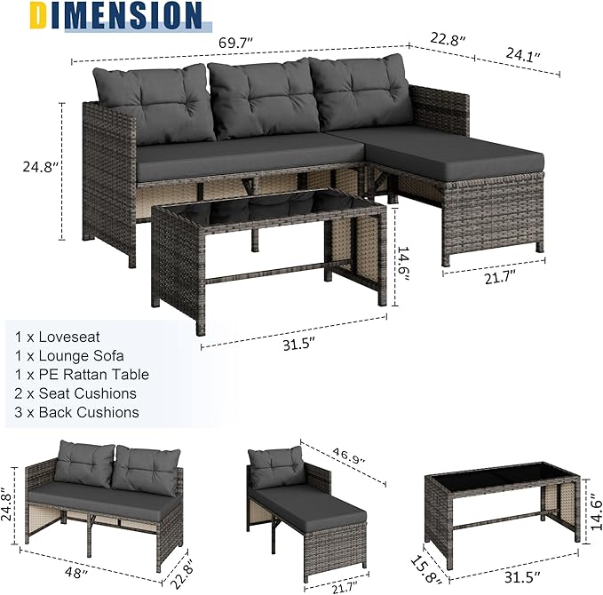 Vongrasig 3 Piece Patio Furniture Sets, All-Weather Wicker Outdoor Sofa Couch Sectional Set, Small Conversation Set for Patio, Garden w/Cushion, Glass Table, (Grey)