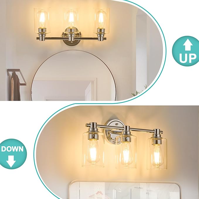 Bathroom Light Fixtures Wall Sconce Light with Clear Glass Chrome 3 Lights Bathroom Lighting Over Mirror Vanity Lights for Living Room,Bedroom,Restroom,Hallway E26 Base