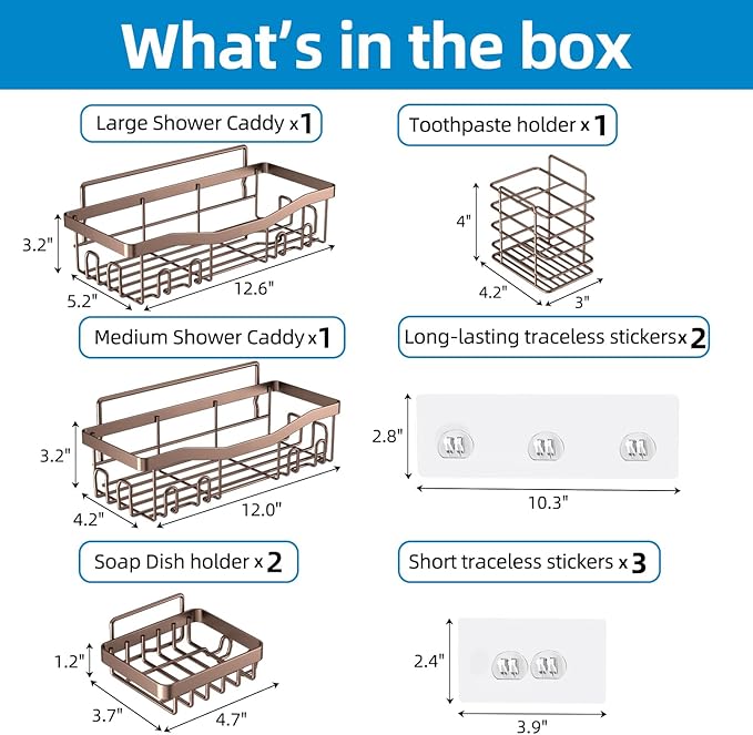 Adhesive Shower Caddy, No Drilling Bath Organizers 5 Pack, Rustproof Shelves with Soap Holder & Toothbrush Holder, Bathroom Organizers and Storage, Bronze