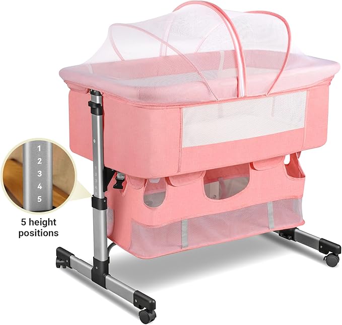 Baby Crib,3 in 1 Bedside Crib Adjustable Portable Bed for Infant,Baby Bassinet Newborn Must Have Bed,Pink