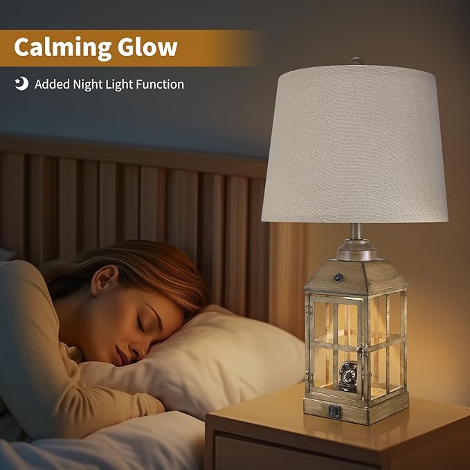 25" Farmhouse Table Lamps for Living Room, Table Lamps Set of 2 with USB Port and Nightlight, Rustic Table Lamp for Bedroom, Bedside Lamp for Nightstand, End Table, Home, LED Bulbs Included (Wood)