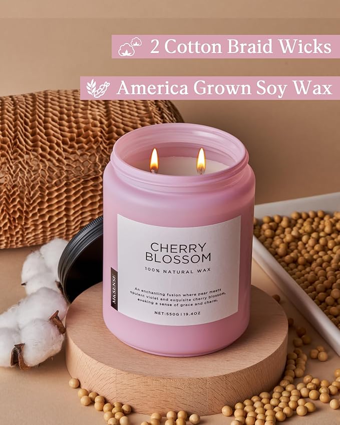 M&SENSE Cherry Blossom Scented Spring Candle, 19.4oz 110 Hours Long Lasting Natural Soy Wax Stress Relief Aromatherapy Romantic Candle for Women & Bedroom Decor