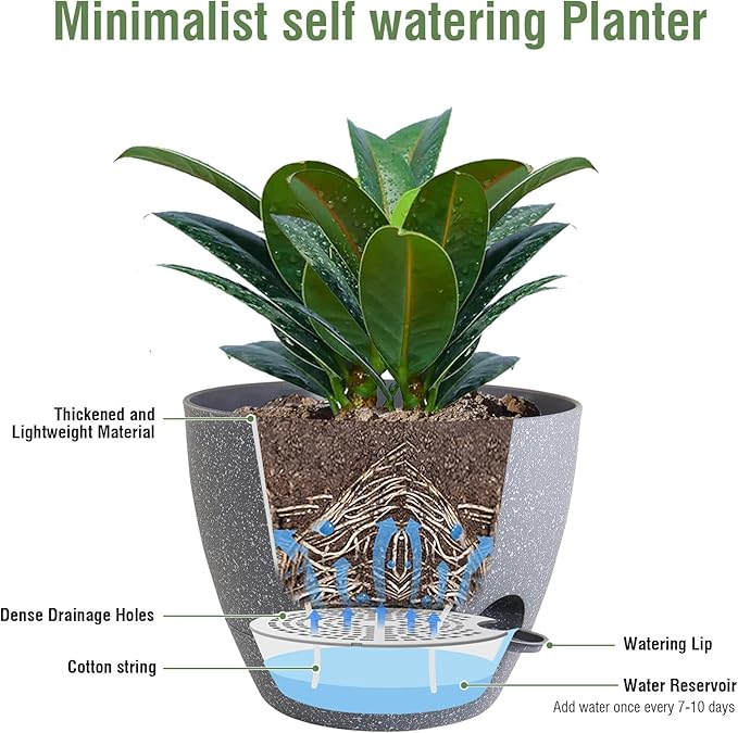 12 inch Large Self Watering Pots, Plant Pots with Mesh Drainage Holes for Indoor Outdoor Plants, Plastic Planters with Deep Reservoir for Garden House Flower Plants, Speckled Grey