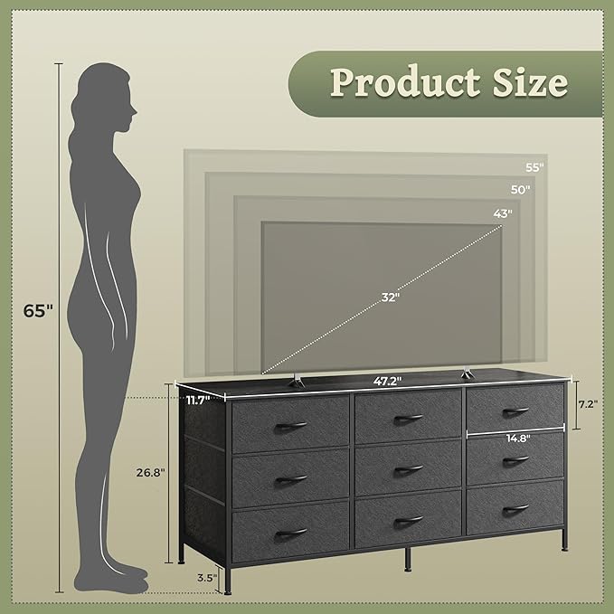 Huuger 9 Drawer Dresser, 47 Inch Dresser TV Stand for 50, 55 Inch TV, Entertainment Center with Drawers, Fabric Chest of Drawer for Bedroom, Closet, Black