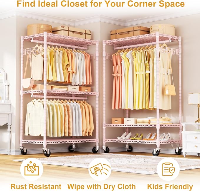 P1 Rolling Closets with Wheels and Shelves, Portable Closet Wardrobe for Clothes Hanging, Pink Clothing Storage and Organizer System for Bedroom, 35.5" W x 15.7" D x 80.5" H, Hold 500lbs
