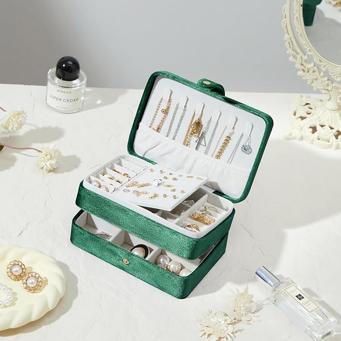 Velvet Small Jewelry Box for Women Girls, Double Layers Travel Portable Jewelry Case for Ring, Pendant, Earring, Necklace, Bracelet Organizer Storage Holder Boxes, Green
