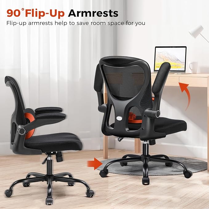 GTRACING Office Chair Ergonomic Desk Chair with 3D Adaptive Lumbar Support, High Back Home Mesh Chair with Flip-Up Arms, Swivel Rolling Computer Seating for Long Desk Work (Black)