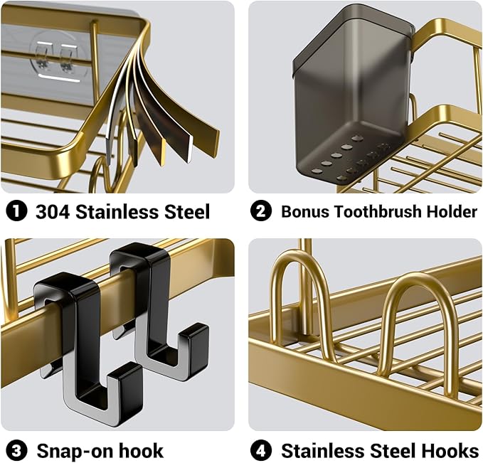 Corner Shower Caddy Organizer Shelf 2Pack Adhesive Shower Corner Organizer Shelves, No Drilling Stainless Steel Shower Storage Rack with Hooks&Toothpaste Holder for Bathroom Kitchen