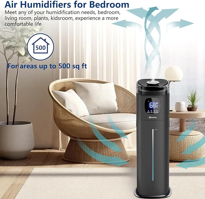 Large Humidifier for Bedroom, 9L/2.5Gal Ultrasonic Cool Mist, Easy Clean with 350ML/H Large Mist Speed, Remote control, Quiet Tower, Suitable for Kids Room Plant Yoga Study Room Office (Black)