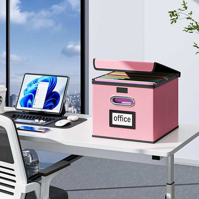 Huolewa Portable Leather File Organizer Boxes with Lids, Office Document Boxes Organizer, Filing Boxes, Decorative Small File Boxes for Hanging Files, File Cabinet for Office/Home - 4 Pack