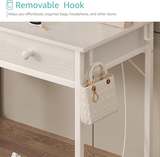 White Makeup Vanity Desk No Mirror with Chair, Small Vanity Table Set with Fabric Drawers, Power Outlet & Chair Without Mirror, Modern Make Up Desk for Girls Bedroom