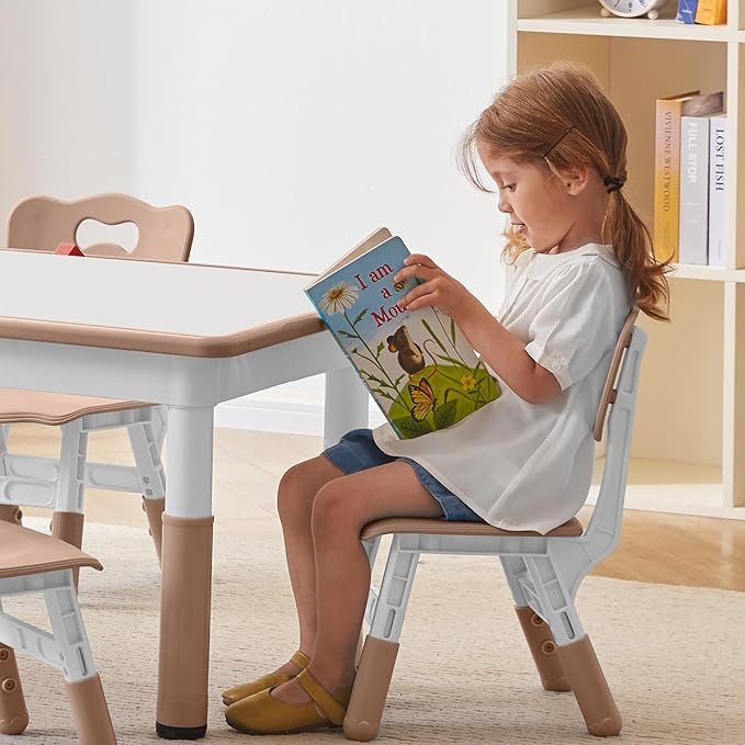 Height-Adjustable Kids Table and 4 Chairs Set, Toddler Table and Chair Set with Graffiti Desktop, 31.5''L x 23.6''W Children Activity Table for Daycare, Classroom, Home