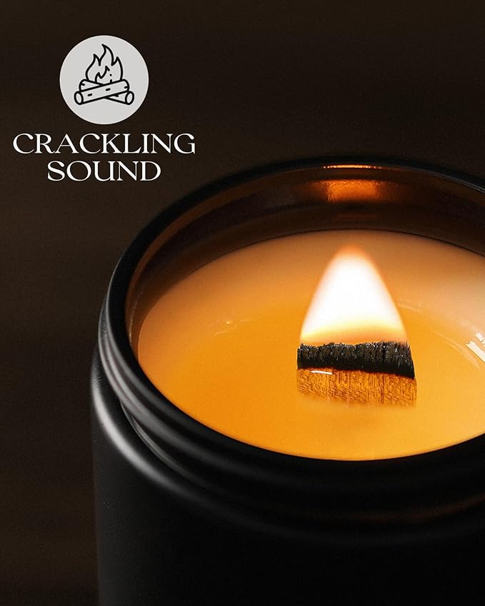 AOOVOO Scented Candles for Men - Large 22oz 120 Hours of Burn Time, Oud & Sandalwood Candles for Home Scented | Crackling Wood Wick Soy Candle | Strong Fragranced Black Candle Gift for Women & Men