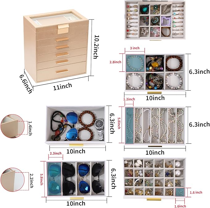 BOOVO Jewelry Boxes for Women, White and Black 6 Layer Large Jewelry Box for Necklace, Bracelet, Earrings, Rings Storage, Jewelry holder Organizer for Girls Gift (Gold, 6 layer)