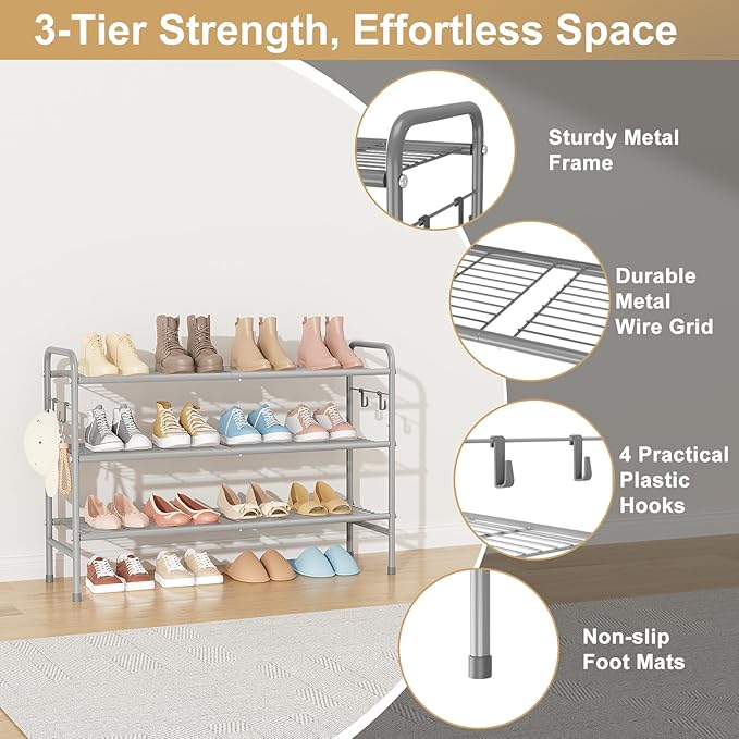3 Tier Shoe Rack 33" Wide Metal Shoe Organizer Long Shoe Storage with 4 Side Hooks Sturdy Shoes Shelf for Front Door Entrance, Closet, Garage, Dorm, Grey