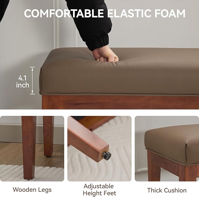 43.5'' Faux Leather Bedroom Bench, Upholstered End of Bed Bench, Padded Vintage Dining Bench, Entryway Bench with Solid Wood Legs, Kitchen, Living Room, Hallway, Brown