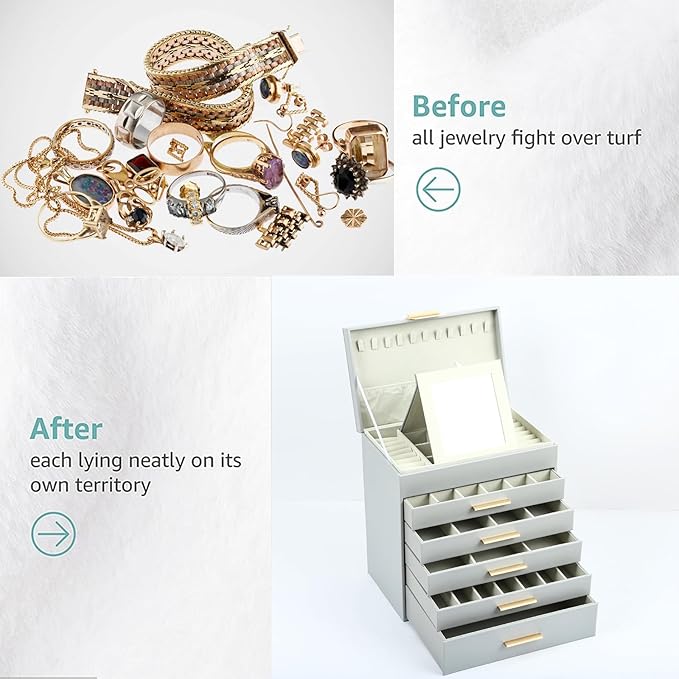 BOOVO Jewelry Box with Necklace Hanger – 6 layer Jewelry Organizer for Women with 5 Drawers, Large Jewelry Storage Boxes –Jewelry Organizers and Storage for Earrings, Necklaces (Grey, 6 layer)