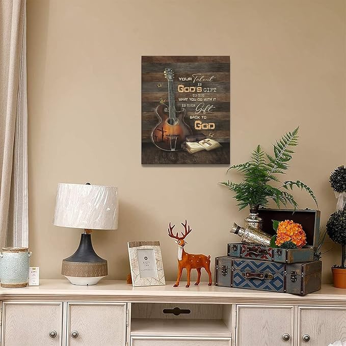 banonaty Christian Guitar Wall Art Rock Music Decor Musical Pictures Artwork Inspirational Quotes Canvas Prints Room For Studio Bedroom Living Bathroom Framed 16''x20''