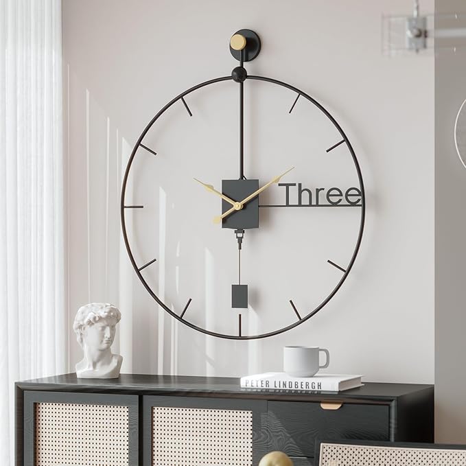 Modern Large Wall Clock 24 inch with Pendulum, Battery Operated Silent Non-Ticking Metal Wall Clock for Living Room Decor, Decorative Hanging Clock for Bedroom, Office, Kitchen, Home