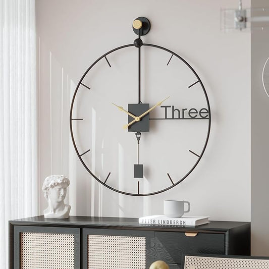 Modern Large Wall Clock 24 inch with Pendulum, Battery Operated Silent Non-Ticking Metal Wall Clock for Living Room Decor, Decorative Hanging Clock for Bedroom, Office, Kitchen, Home
