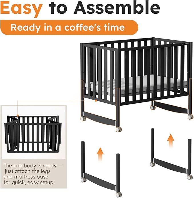 EvoNook 6-in-1 Convertible Mini Crib, 100% New Zealand Solid Wood, 4 Adjustable Mattress Heights, Black with Matttress (Crib with Mattress, Black)