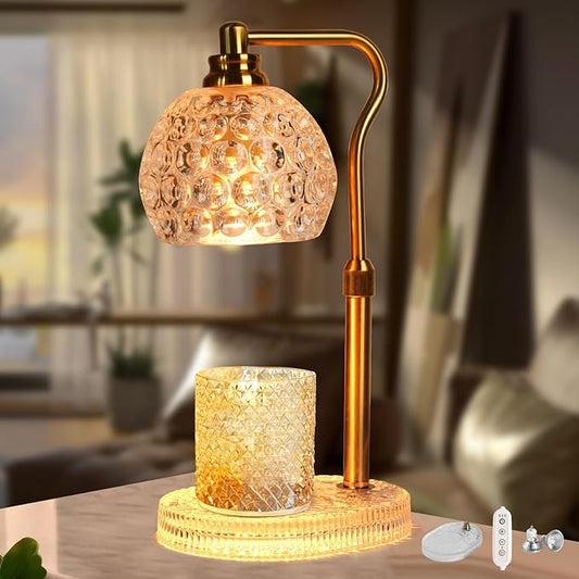 Candle Warmer Lamp with Timer: Adjustable Height and 4 Dimmer, Crystal Glass Base, Heater Wax Warmer for Jar Scented, Home Décor and Housewarming & Birthday Gift for Mom Woman, 2 Bulbs (White Round)