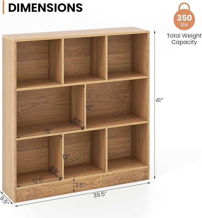 Costzon Wooden Toy Storage Organizer, 8-Cube Kids Bookshelf w/ 2 Anti-Toppling Kits, 3 Tier Open Shelves & Non-Slip Foot Pads, Book Shelf for Kids Rooms, Playroom, Classroom, Nursery (Natural)