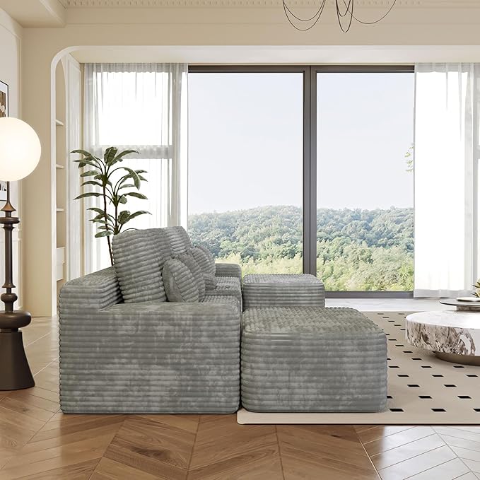 KEIKI 150" U-Shaped Oversized Corduroy Modular Sectional Sofa with 2 Ottomans and Multi Functional Console, 6-Seater Upholstered Couch with USB and 2 Cup Holder, Easy Assembly, for Living Room, Grey