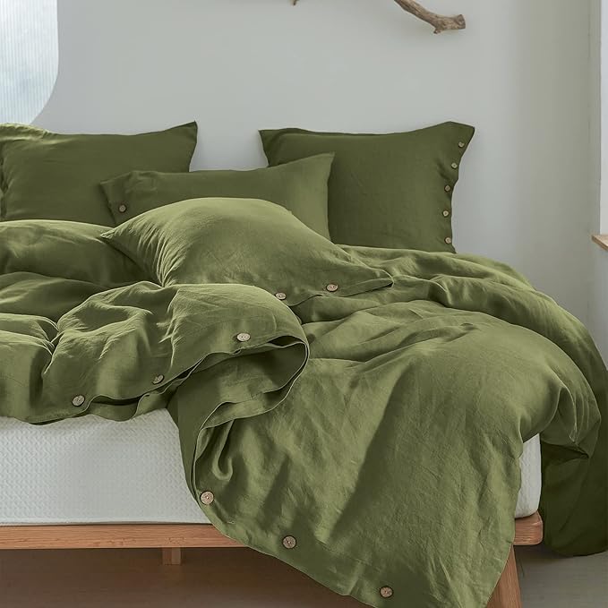 Simple&Opulence 100% Washed Linen Euro Sham Cover, 26 x 26 Inch, Decorative Bed Pillow Cover with Coconut Button, Solid Color Pillow Shams Set of 2 (Olive Green)
