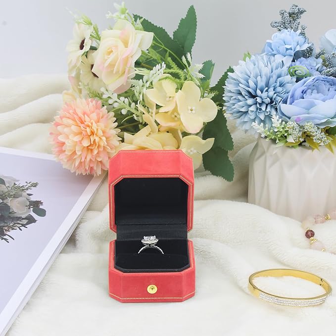 Jewelry Ring Box, Velvet Wedding Ring Box Small Travel Jewelry Box for Business, Engagement, Wedding, Bridesmaid and Holiday Events - Red