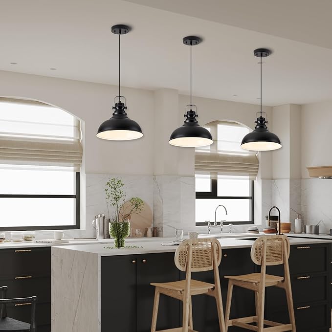 Industrial Pendant Light Fixture, Farmhouse Decor Adjustable Metal Hanging Lamp, Vintage Pendant Lighting for Kitchen Restaurant Dining Room Cafe, E26 Base Black (Black, 3 Pack)