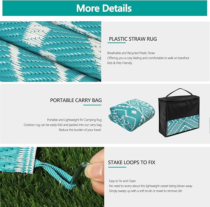 Waterproof Outdoor Rug 9x12 ft, Reversible Plastic Straw Mat, Large Floor Mat for Patio, Camping, Picnic, Backyard RV, Deck, Teal