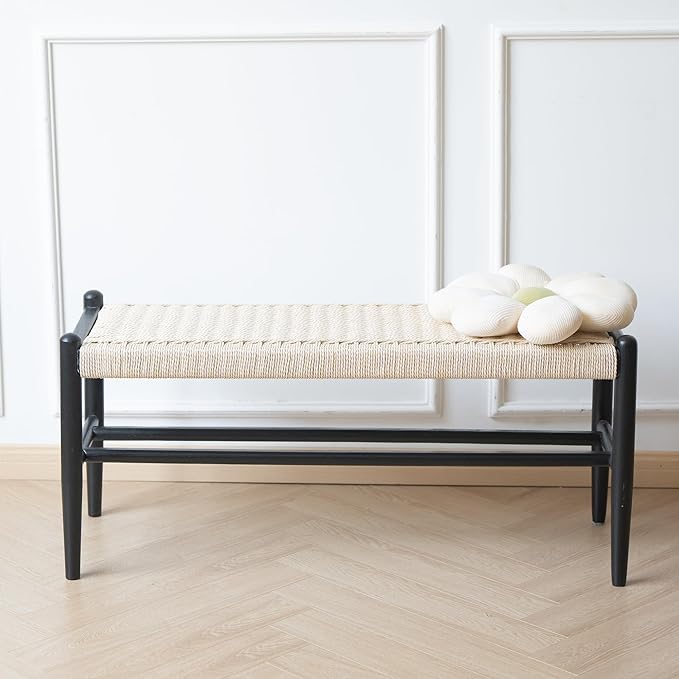 Solid Wood Entryway Bench with Shoe Storage, Rustic Oak Wood and Woven Design 39.4 Inch Long Seating for Living and Dining Rooms,Black