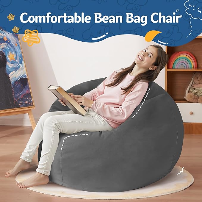 Homguava 2FT Bean Bag Chair: 2' Bean Bags with Memory Foam Filled,Comfy Beanbag Chairs Round Bean Bag Sofa with Dutch Velvet Cover-Grey