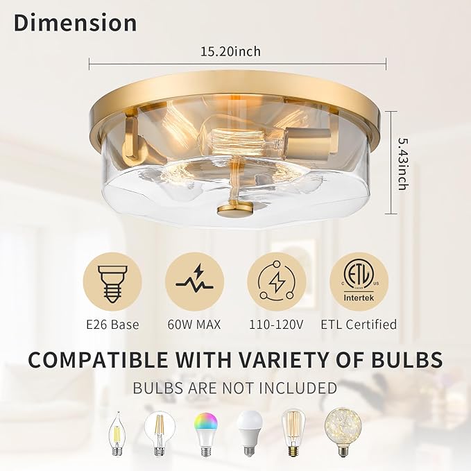 Gold Flush Mount Ceiling Light, 3-Light Hallway Light Fixtures, Modern Farmhouse Farmhouse Ceiling Light Clear Glass Brushed Gold Finish for Kitchen Porch Entryway