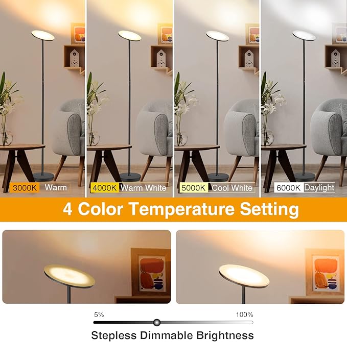 OUTON Floor Lamp, 30W/3000LM LED Modern Torchiere Sky Lamp, Super Bright Dimmable Standing Tall Lamp with 4 Color Temperatures, Remote Touch Control, 1 Hour Timer for Living Room Bedroom Office, Black