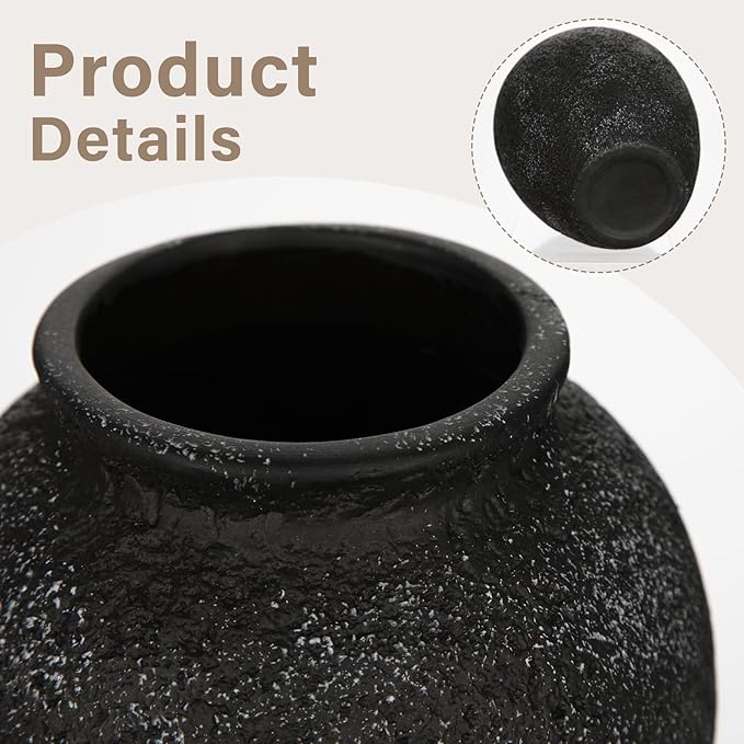 Rustic Ceramic Vase for Home Decor – 2PCS 6.7" Small Decorative Textured Black Vases for Dried Flowers, Pampas Grass, Faux Plants – Modern Farmhouse Boho Table Centerpiece