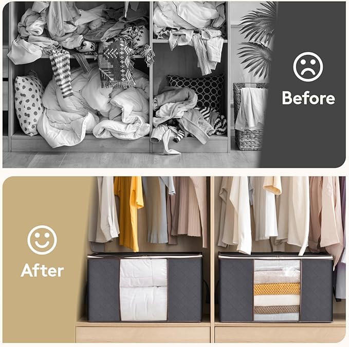 Lifewit 8 Pack Foldable Clothes Storage Bins with Lids, Gray, Non-woven Fabric, Rectangular, Sturdy Zipper, Reinforced Handle, 21.6" x 13.7" x 12.4", 60L Capacity Each, Ideal for Clothes and Bedding