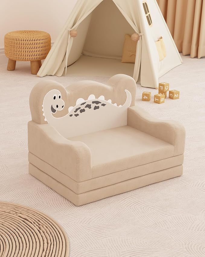 2-in-1 Kids Couch Fold Out, Convertible Toddler Couch to Lounger, Toddler Chair Comfy, Kids Sofa for Girls and Boys, Gift for Birthday, Children's Day, Dinosaur Beige