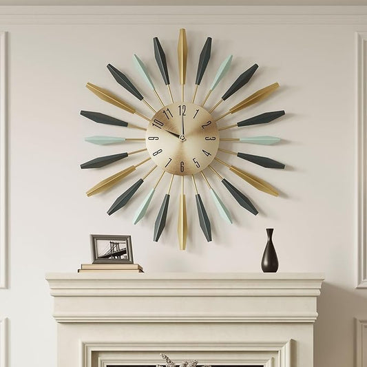 Mid Century Modern Wall Clock, Large Metal Decorative Clock Silent Battery Operated, Colorful Sunburst Starburst 28 Inch Wall Clocks for Living Room Kitchen Bedroom Office