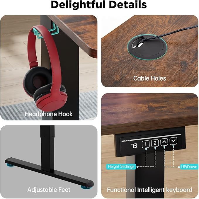 PayLessHere 40 Inch Electric Standing Desk with Large Space and Headphone Holder Office Desk with Electric Lifting and Memory Function,Brown