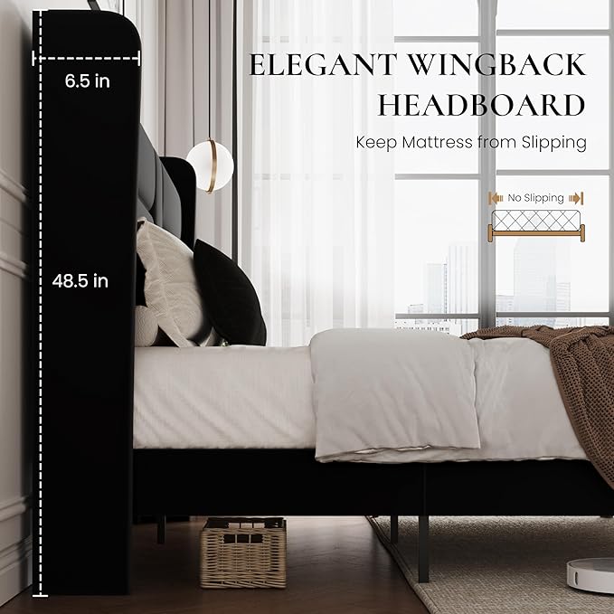 SHA CERLIN Queen Size Bed Frame with Charging Station & Storage Headboard, Velvet Platform Bed with Upholstered Modern Wingback Design, Wooden Slats Support, No Box Spring Needed, Easy Assembly, Black