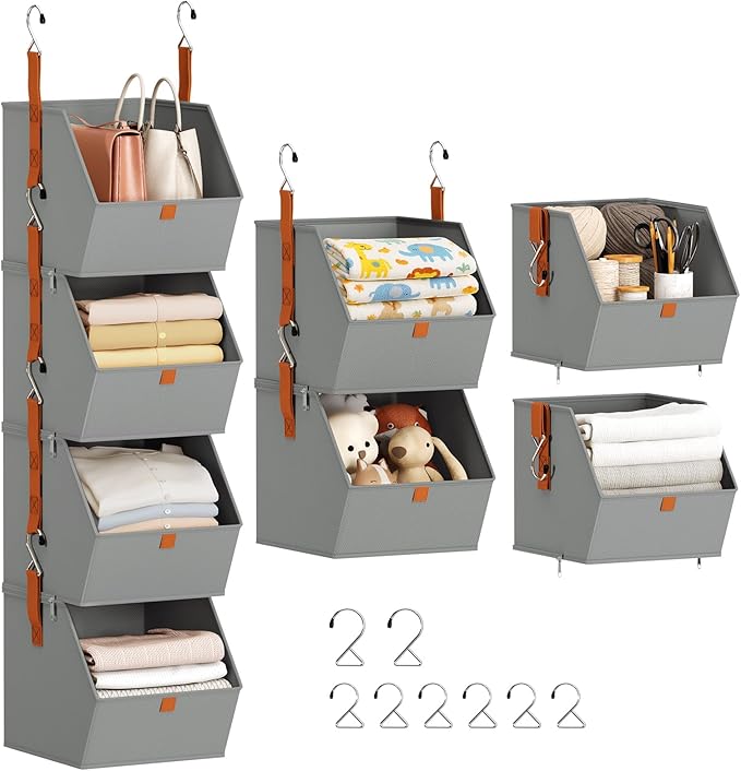 Hanging Closet Organizer 4 Tier - Clothes Hanging Shelves, Space-Saving Closet System, Fabric Storage Bins Bedroom Organization, Collapsible Baskets for Home, Dorm, Rv, Grey